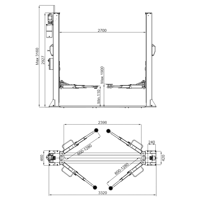 PVL3500 Two Post Lift dimensions