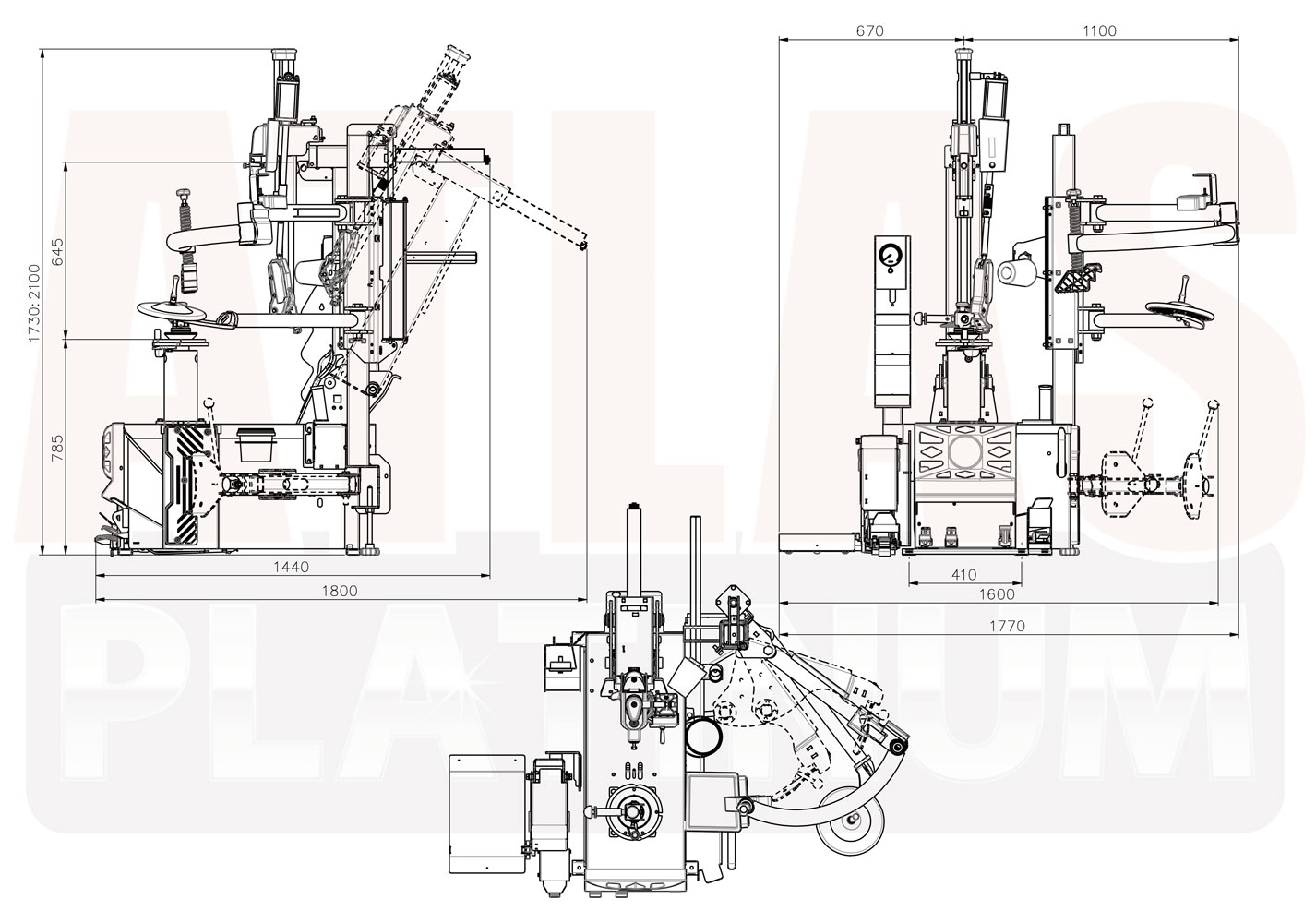 Atlas Platinum PTC520 Tyre Changer Dimensions