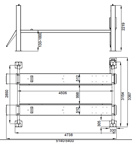 Dimensions of the PVL Quadro 4 Post Lift from Atlas Platinum.